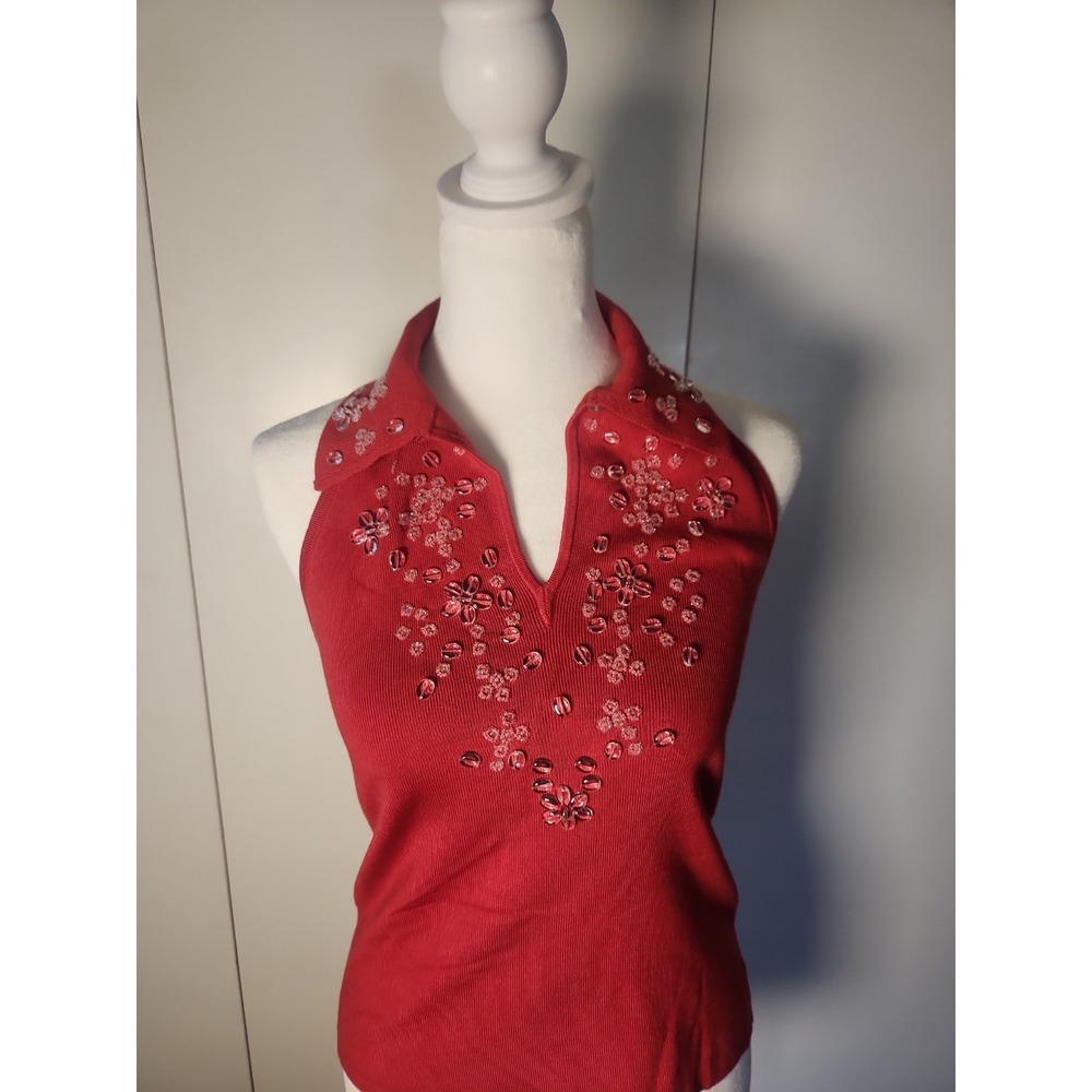 WORTH Women's Red Silk Blend Halter Top W/Beaded Neck Sleeveless Size P(PETITE)